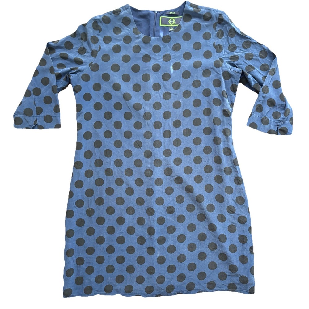 100%Silk Blue Polka Dot Shift Dress Sz L Preppy Old Money Classic Tradwife Norm‎